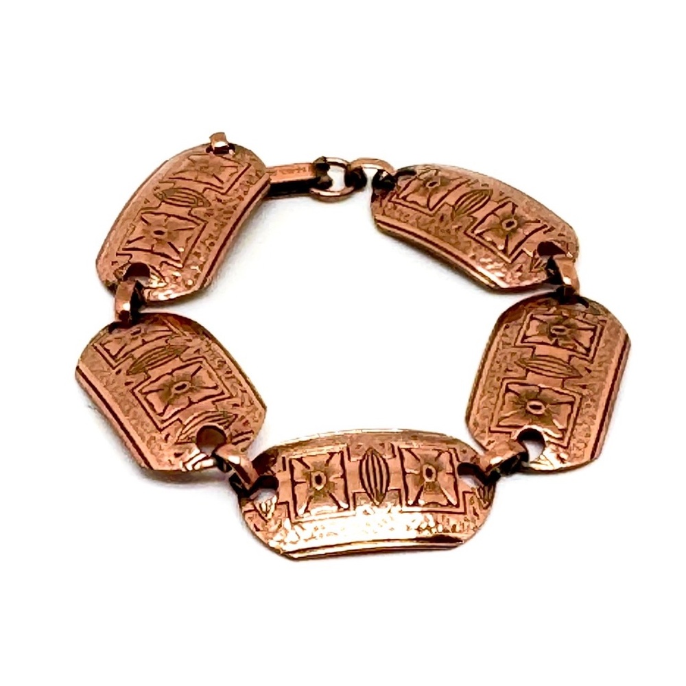 Vintage Copper Link Bracelet with Etched Floral Design